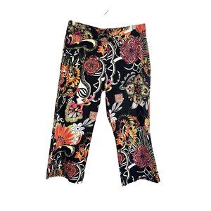 Chicos Floral Cropped Paisley Pant Black L Colorful Preppy Vibrant Hippie Folk